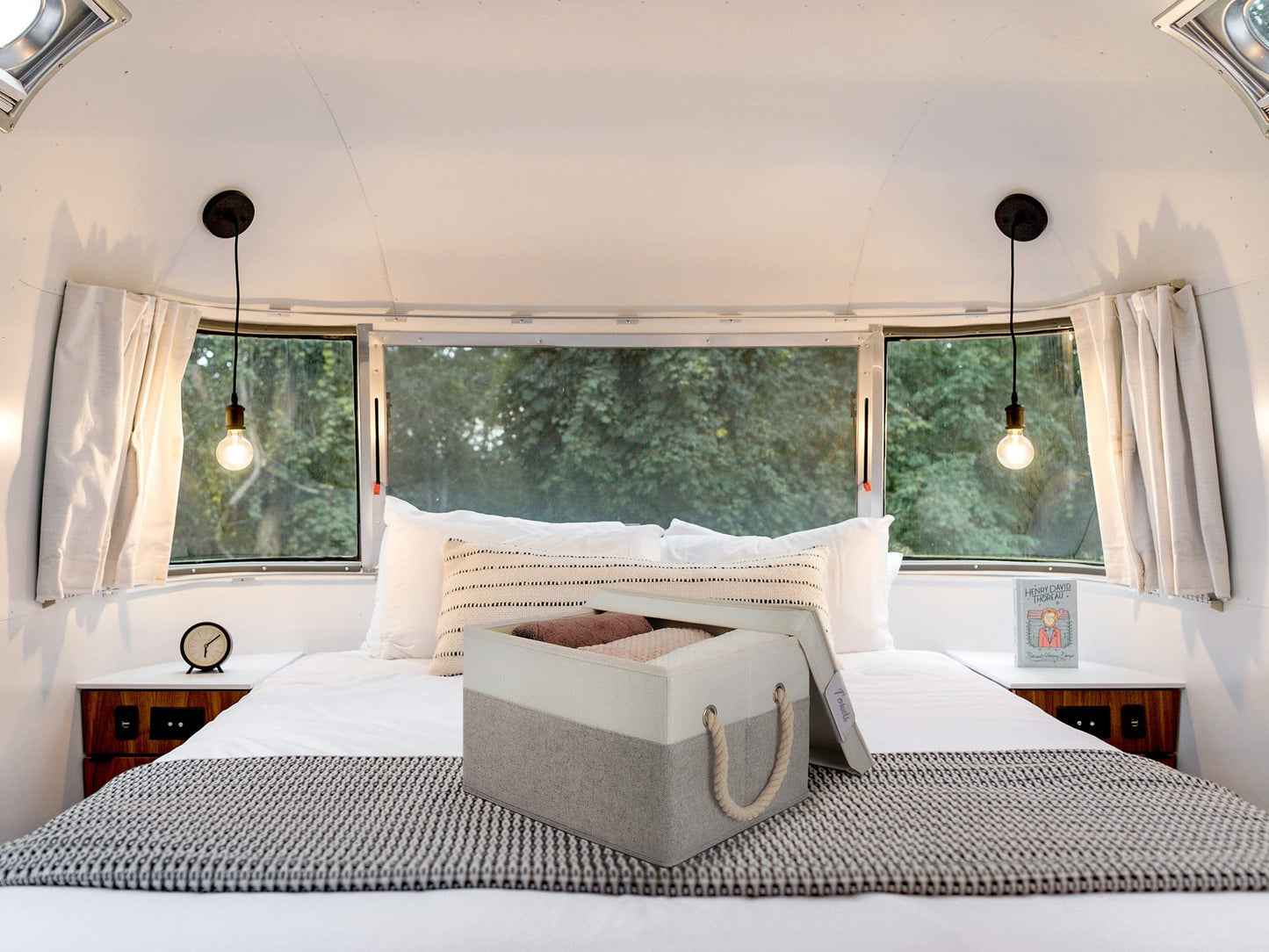 LoforHoney Home Fabric Storage Bins with Lids for Organizing, Foldable Storage Boxes with Lids for Shelves, Clothes Baskets with Cotton Rope Handles, Closet Storage Bins, Large, Beige & Gray, 2-Pack