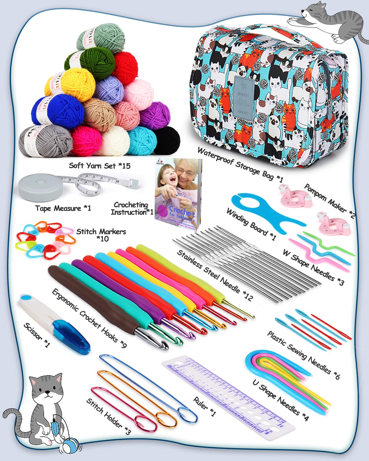 Crochet Kit for Beginners with 15 Colors Yarn and Introduction Book, 71pcs Crochet Starter Kit Everything for Adult, Learn to Crochet Kit with Soft Grip Crochet Hooks and Blue Cat Bag