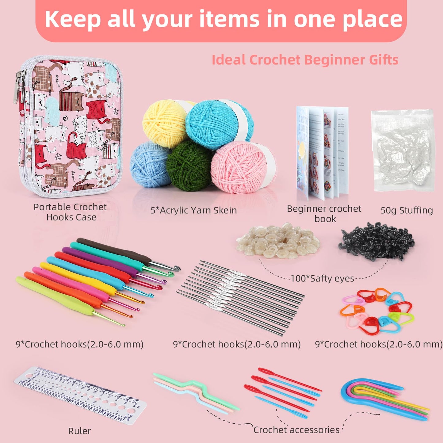 Beginner Yarn for Crocheting and Knitting-Crochet Kit for Beginners Adults Kids Professionals-Crocheting Animals Kits-Includes 382 Yards Cotton Yarn Balls, Hooks, Accessories, Tutorials