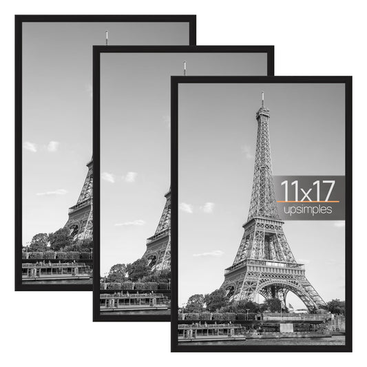 11x17 Picture Frame Black 3 Pack, Scratch-Proof 11 x 17 Poster Frames for Photo Gallery - Slide-In Strips, Horizontal or Vertical Wall Mounting