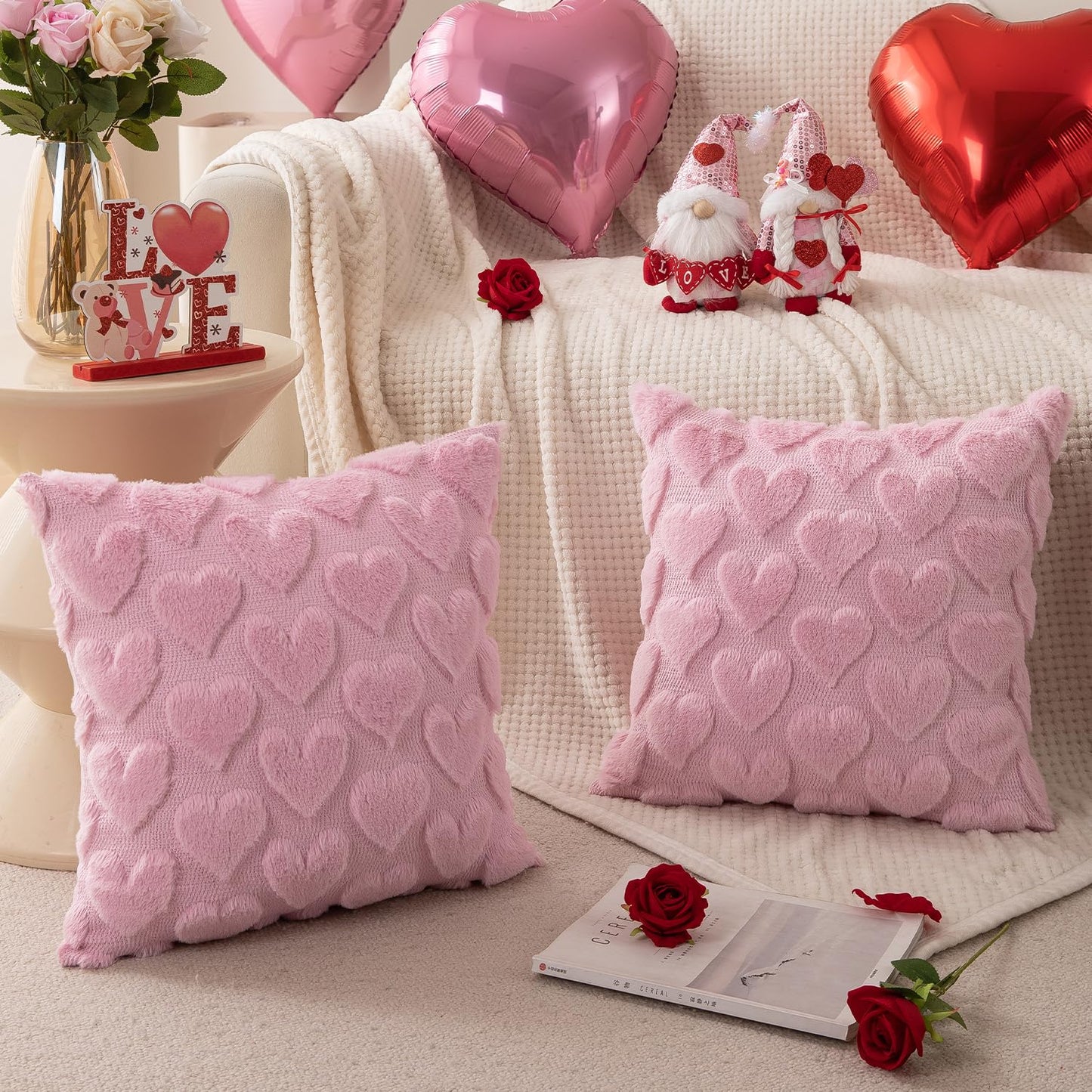 Valentines Pillow Covers 18x18 inch Set of 2 Valentines Day Decoration Pink Heart Soft Plush Faux Fur Jacquard Throw Pillows for Bedroom Sofa Holiday Festivals Home Decor PTK017B18
