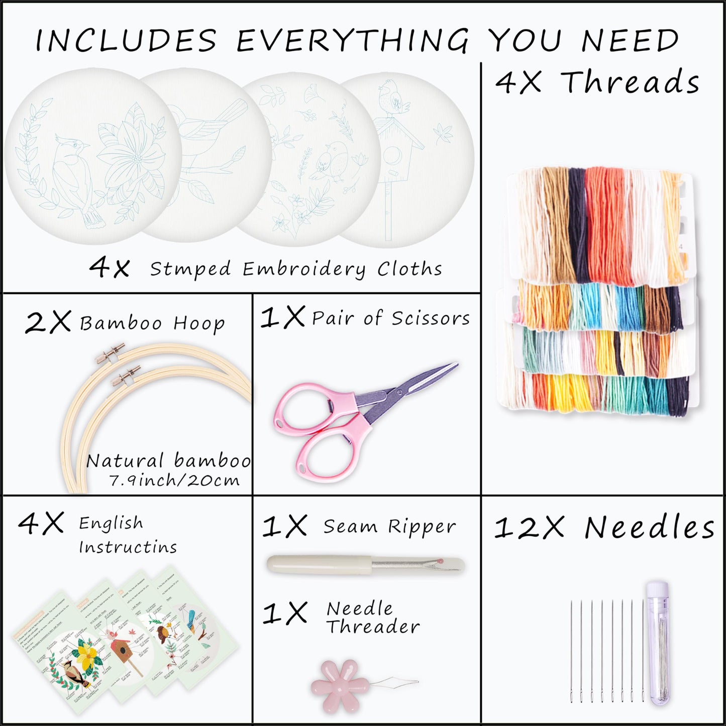 4 Sets Embroidery Set for Beginners, Art Craft, Easy Sewing, Includes Embroidery Clothing, Pattern, Embroidery Hoop, Instruction Manual, Colorful Thread Needles Set (6 Pieces)