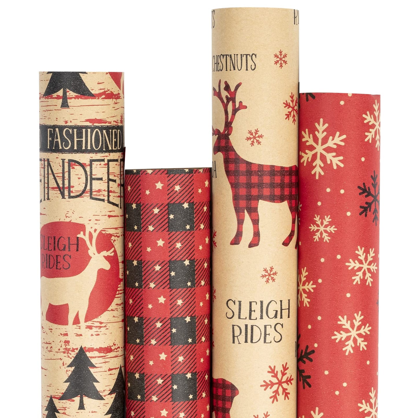 Christmas Wrapping Paper, Kraft Paper - Red and Black Christmas Designs - 4 Rolls - 30 inches x 10 feet per Roll
