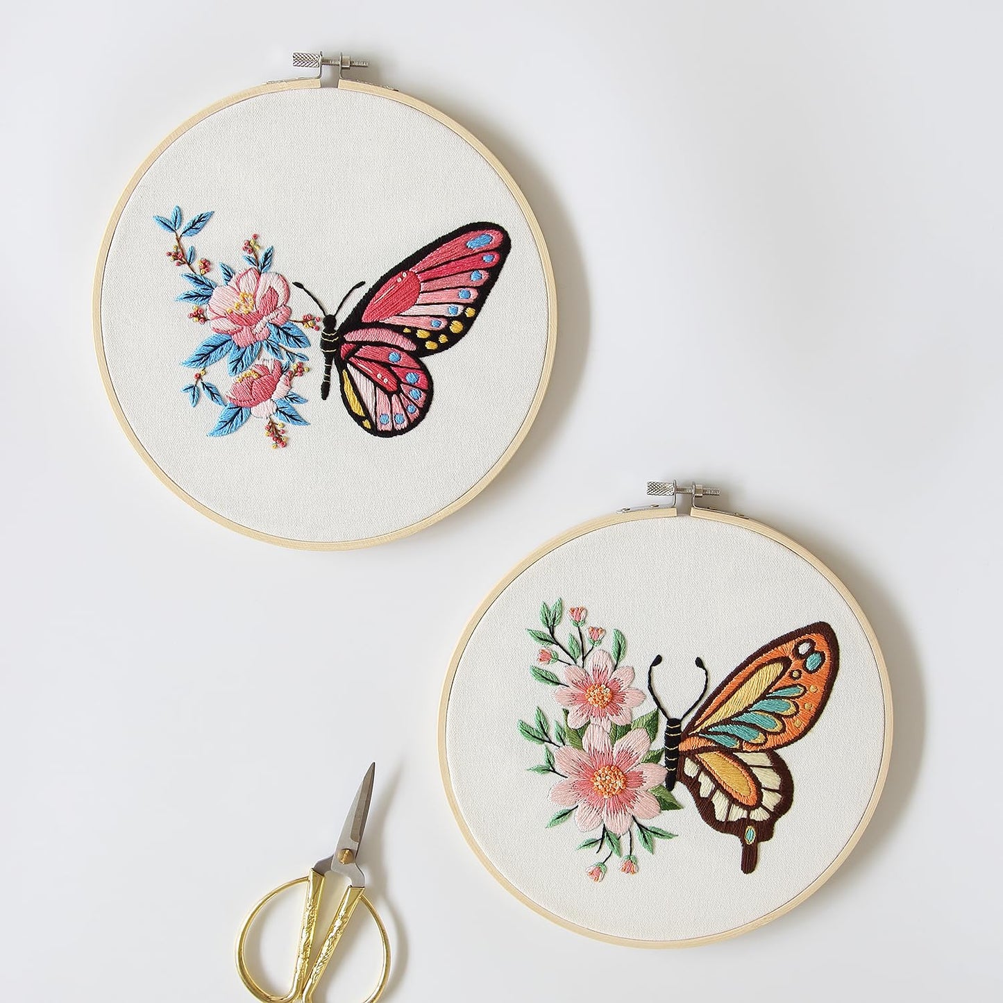 4 Sets Embroidery Set for Beginners, Art Craft, Easy Sewing, Includes Embroidery Clothing, Pattern, Embroidery Hoop, Instruction Manual, Colorful Thread Needles Set (Butterfly)