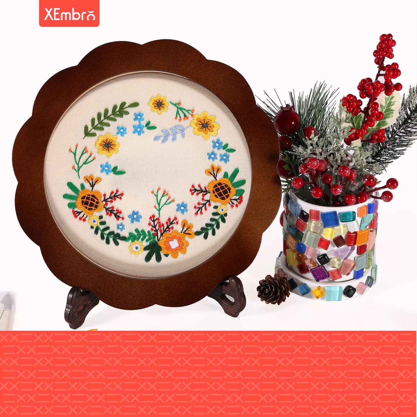8 Inch Wood Embroidery Hoop Frame Set, Embroidery Frame, Sunflower Wood Embroidery Display Frame with 8 Inch Embroidery Ring for Cross Stitch Hoop Frame or DIY Decoration Ornaments