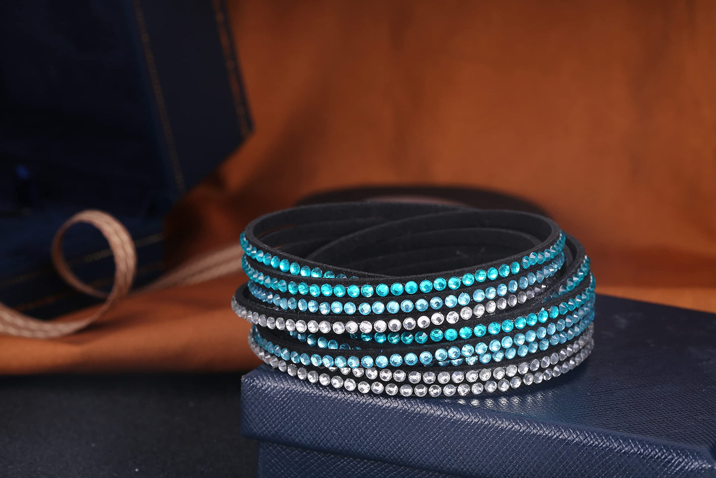 Barzel Leather Created Austrian Crystals Wrap Bracelets (Black with Blue & White Stones)