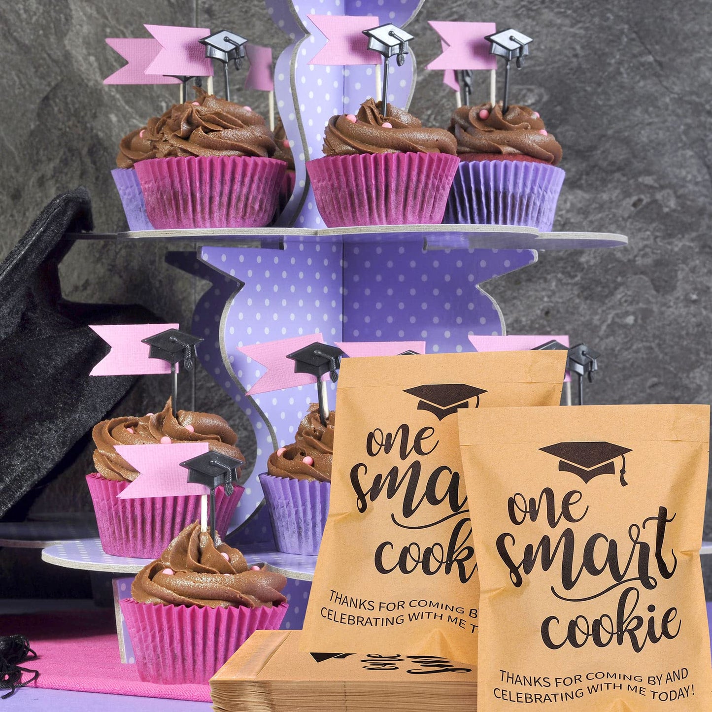 Whaline 100 Pack 2026 Graduation Candy Cookie Gift Bags One Smart Cookie Self-Adhesive Buffet Treat Bag Congrats Grad Kraft Paper Treat Gift Bags for 2026 Graduation Party Decoration Supplies