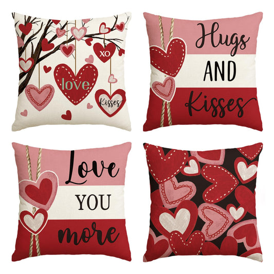 Valentine's Day Hugs and Kisses Love You More Throw Pillow Covers, 18 x 18 Inch Valentine Heart Stripes Wedding Cushion Case Decoration for Sofa Couch Set of 4