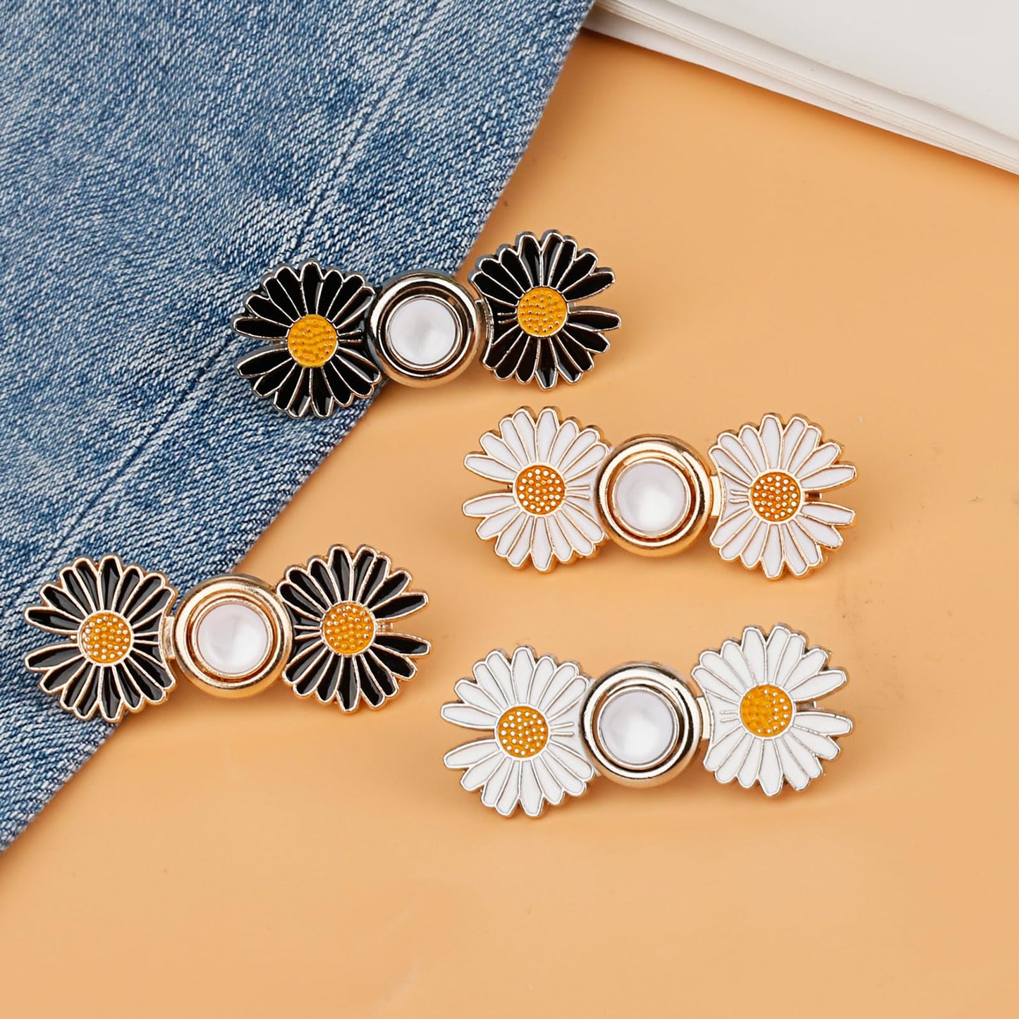 Pant Waist Tightener, Detachable Jean Buttons for Loose Jeans, No Sew and No Tools Button Pins for Jeans, Adjustable Jean Buttons Pins, Daisy Flower Instant Pants Button Tightener 4 Sets