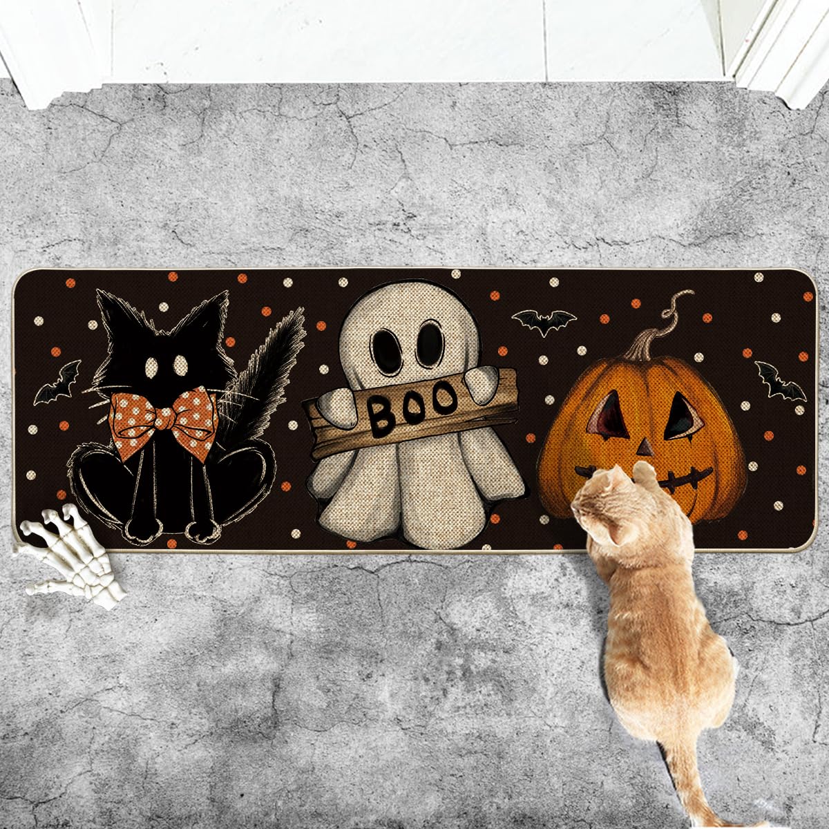 Artoid Mode Black Cat Jack-O'-Lantern Ghost Pumpkins Halloween Doormat, Seasonal Low-Profile Floor Switch Mat for Indoor Outdoor 17x47 Inch