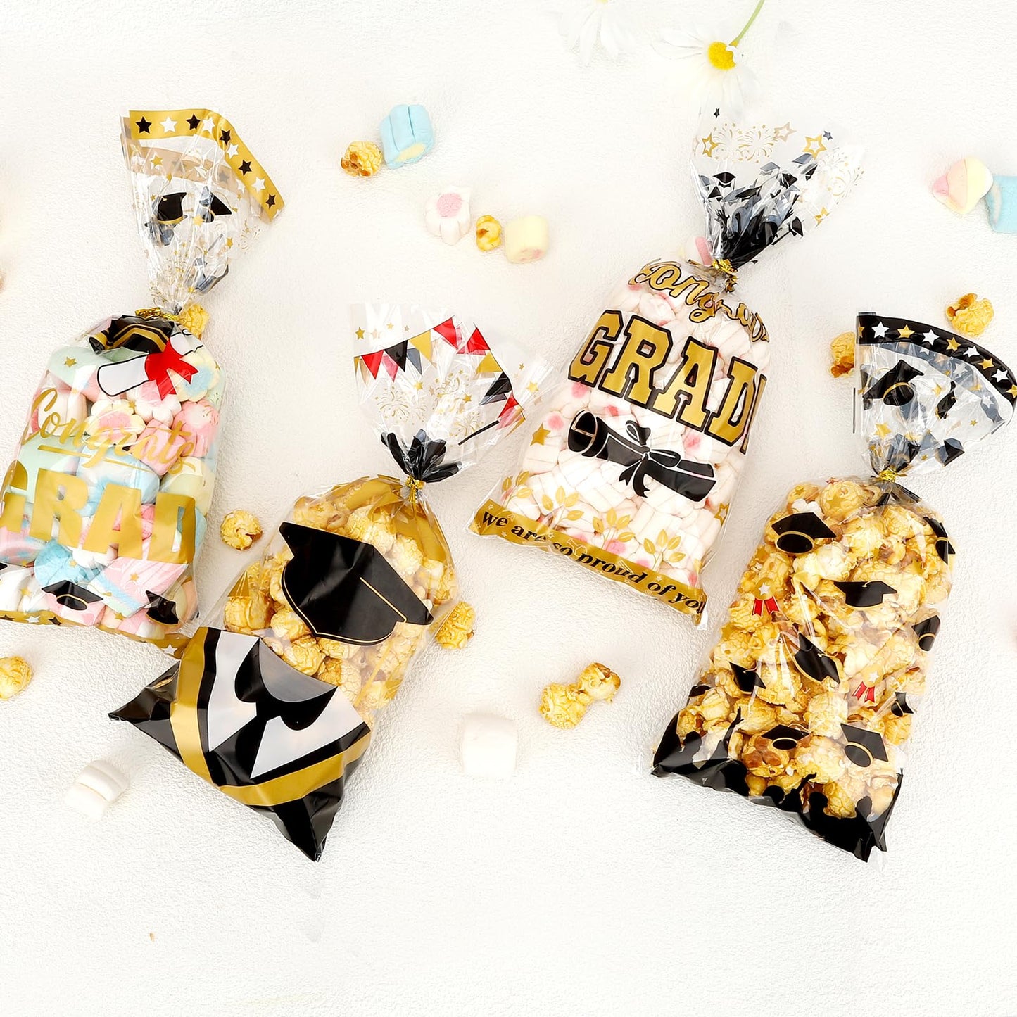 Leislam Graduation Treat Bags, Graduation Cellophane Treat Bags, 100 PCS Graduations Gift Bag, Plastic Clear Cello Candy Cookie Snack Goodies Bag with 100 Pcs Gold Ties for Graduations Party Favors Supplies, 4 Styles