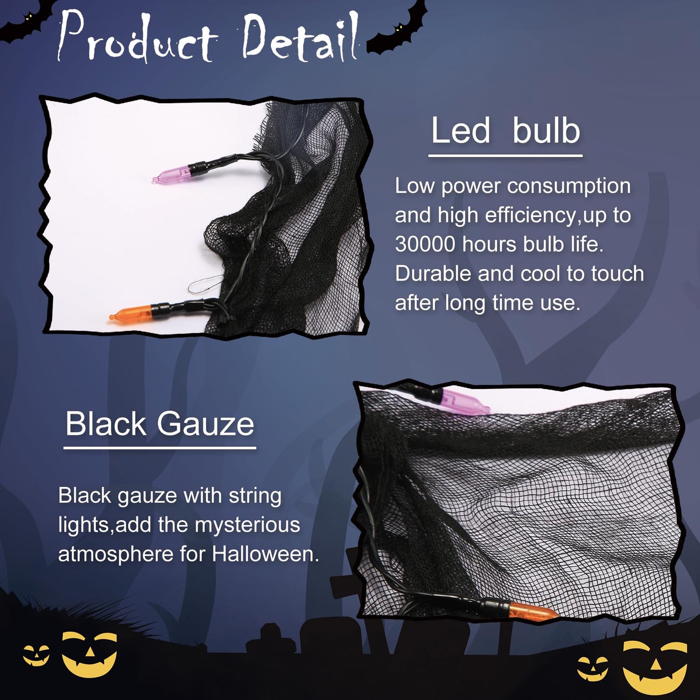 Halloween Decorations String Lights Orange and Purple Indoor 30LED with Black Gauze Timer, 2 Mode Battery Operated 9.9Ft Creepy Cloth Spooky Lights, Gothic Party Room Decor (1PACK)