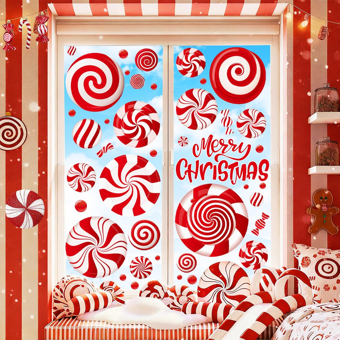 Candy Cane Christmas Window Clings Decorations, Winter Window Decal Stickers, Xmas Gift for Kids, Candyland Christmas Decor, 9 Sheets
