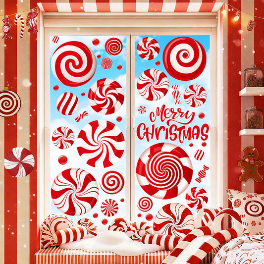 Candy Cane Christmas Window Clings Decorations, Winter Window Decal Stickers, Xmas Gift for Kids, Candyland Christmas Decor, 9 Sheets