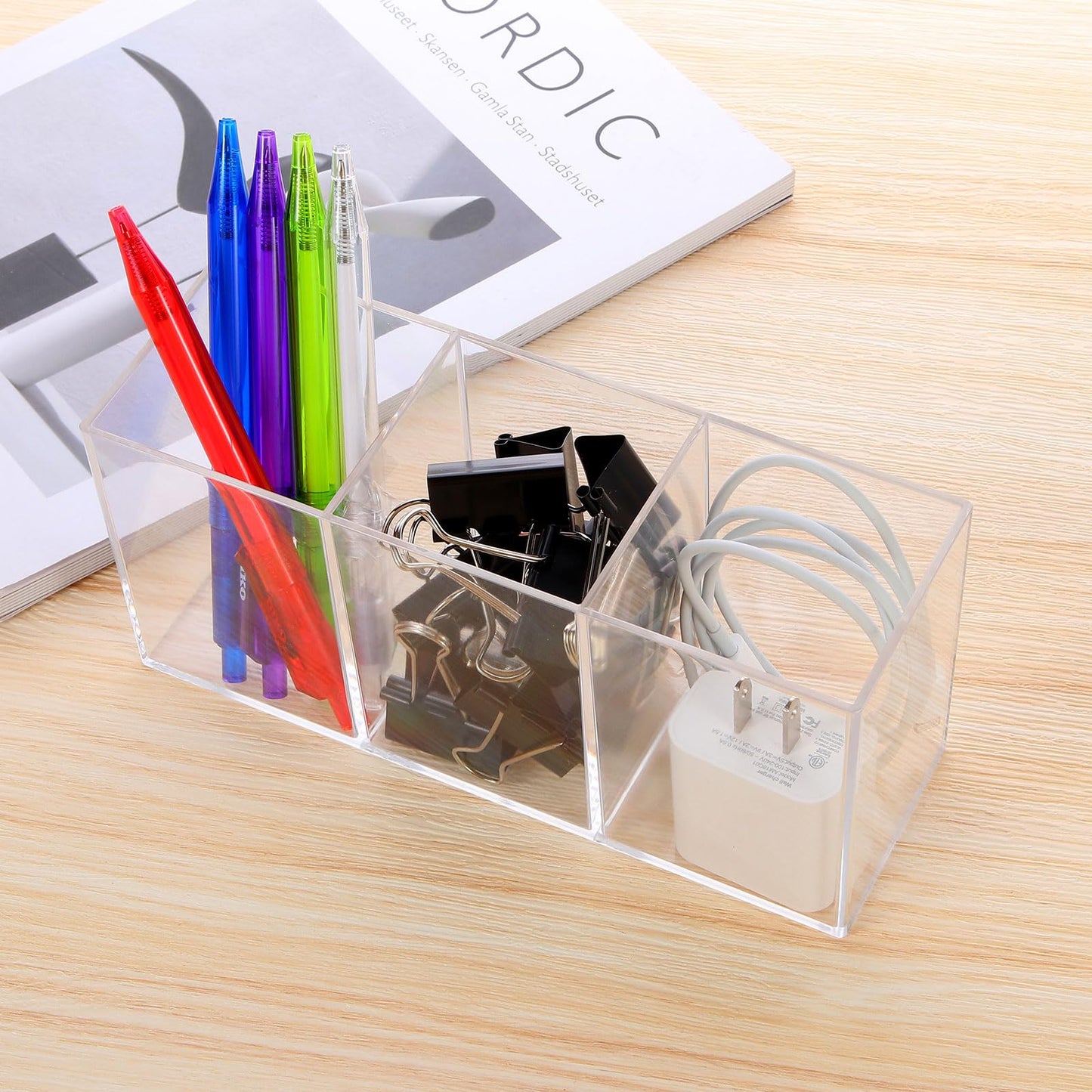 elysolpluv Clear Acrylic Silverware & Pen Organizer Caddy, Transparent Plastic Silverware Holder, Perfect for Office, Bedroom, and Bathroom Storage