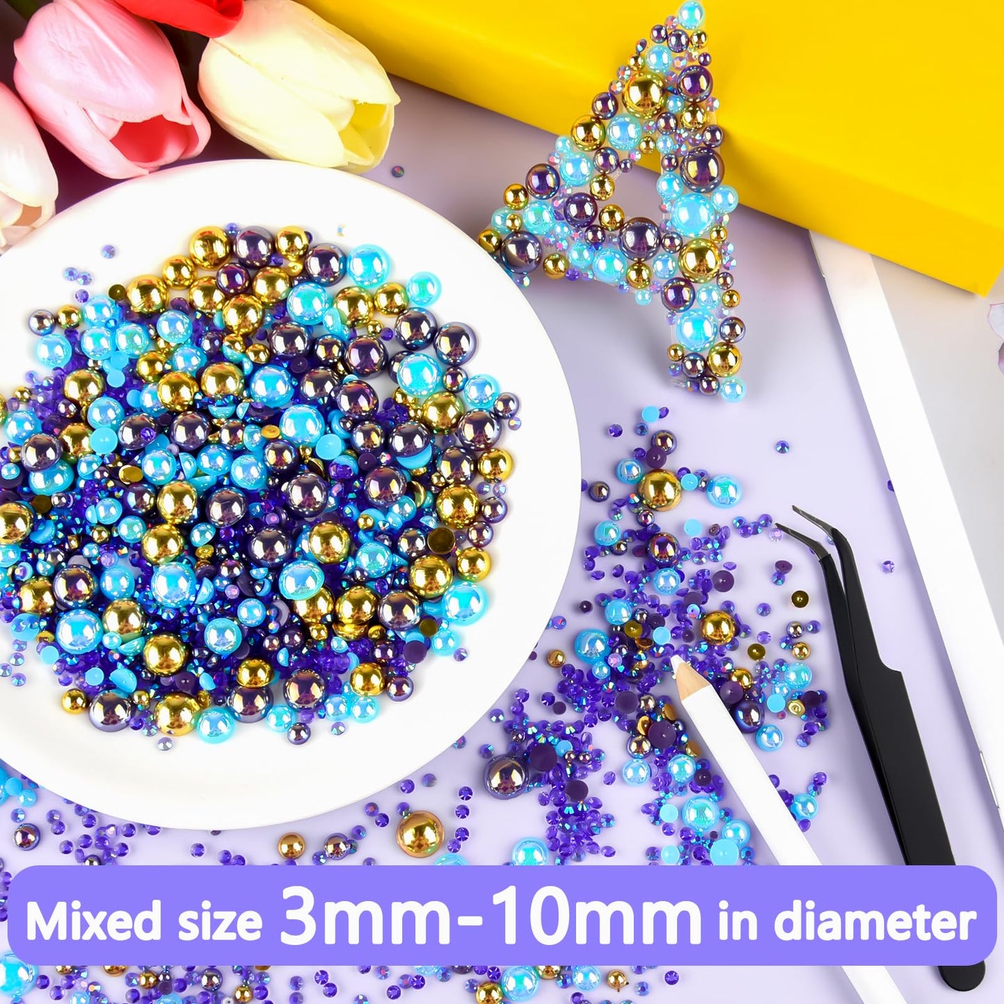 ASTARON 50g Mix Flatback Rhinestones Half Pearls for Crafts Mixed Size 3mm-10mm Flat Back Rhinestones for Crafts Flatback Pearls for Decorating Tumblers Mugs Nail Art Shoes (Blue Gold Series)