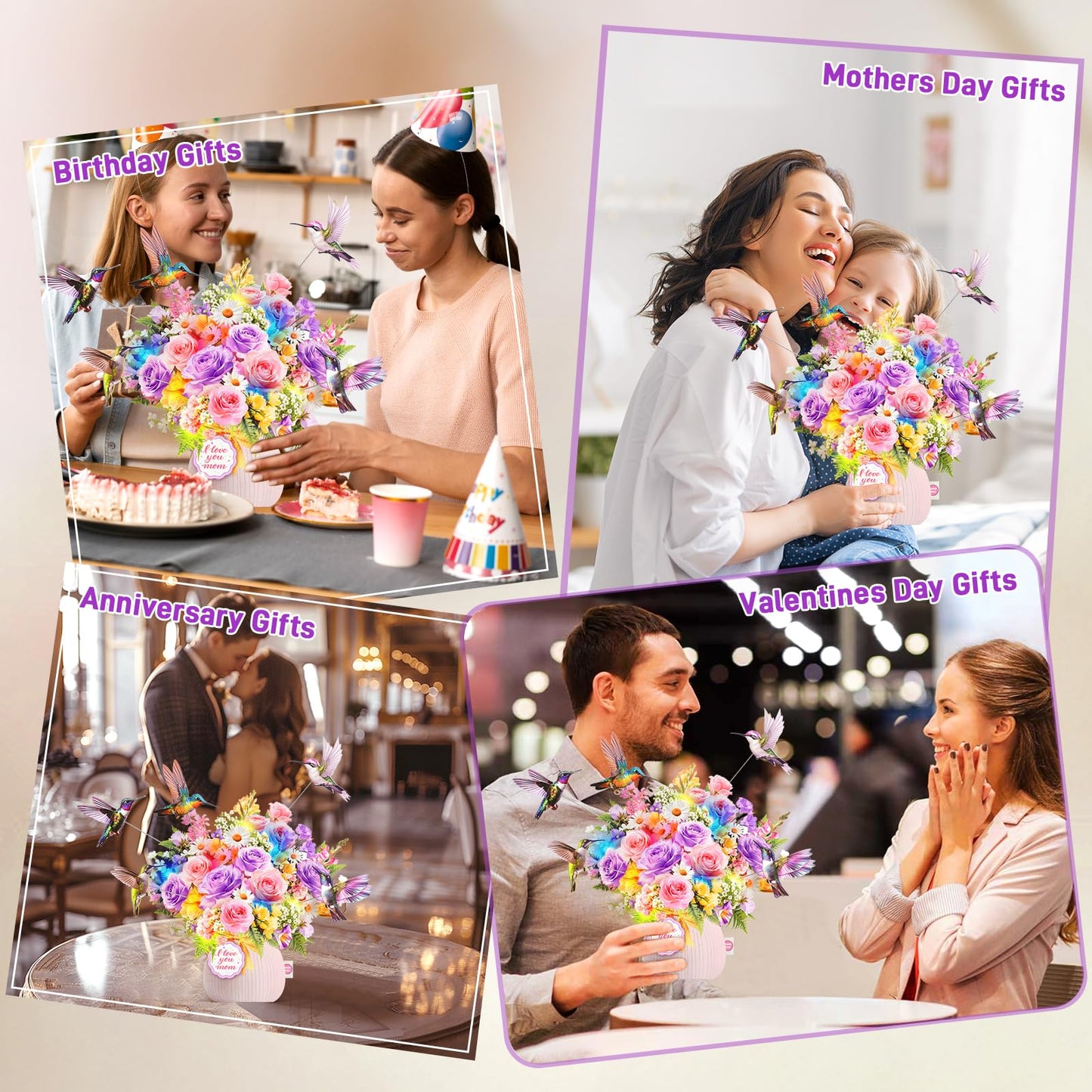 MZD8391 Mothers Day Card with Music & Lights, 3D Pop Up Mothers Day Gift, Hummingbird, 10 Inch Life Sized Forever Flower Bouquet Birthday Card For Mom, Women, Wife