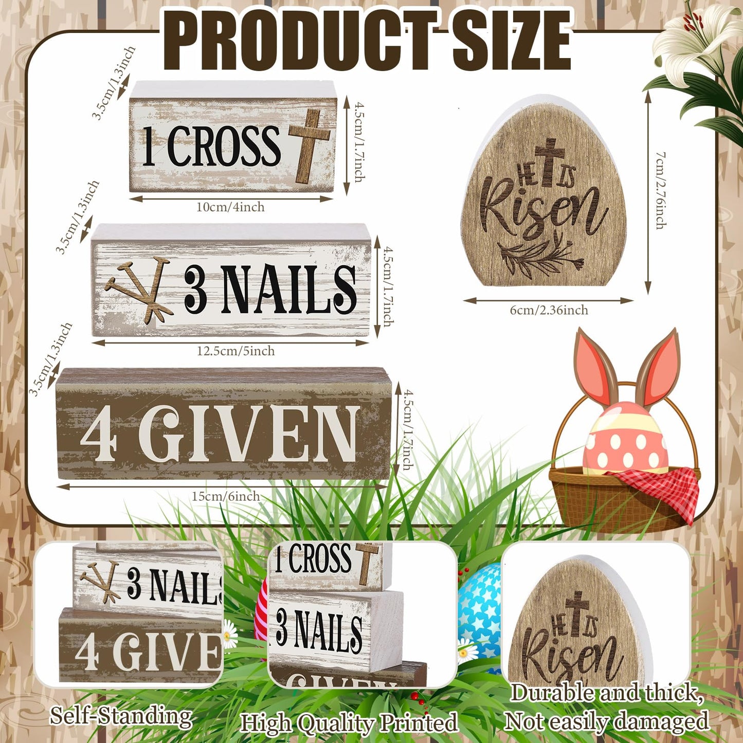 4 Pcs Easter Table Decoration Easter Gifts He Is Risen Tiered Tray Decor Christian Gifts Wooden Eggs Basket Stuffers Centerpieces for Holy Week Home Kitchen Party Decorations