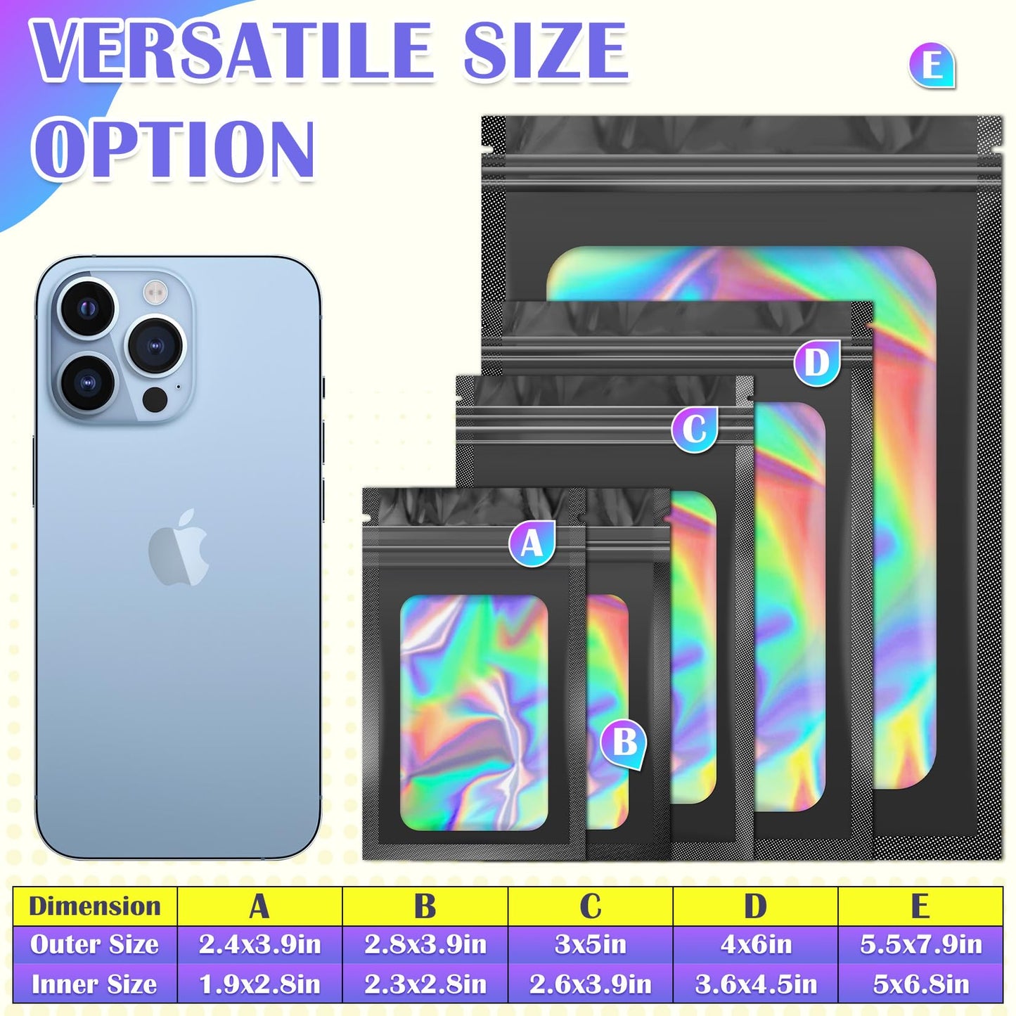 JETMORE 300 Pcs Mylar Bags, Smell Proof Bags Foil Pouch, Holographic Resealable Bags for Small Business, Candy Sample Jewelry Bag Sealable Packaging for Party Favor Food Storage (2.4x3.9in-Black)