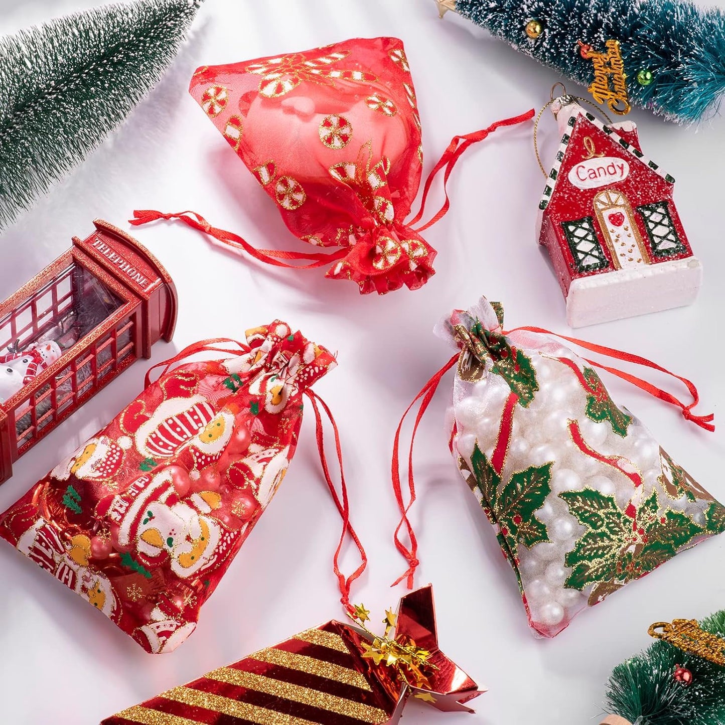50 PCS 4x6 Inches Mixed Color Christmas Organza Gift Bags with Drawstring, Jewelry Candy Bags for Christmas
