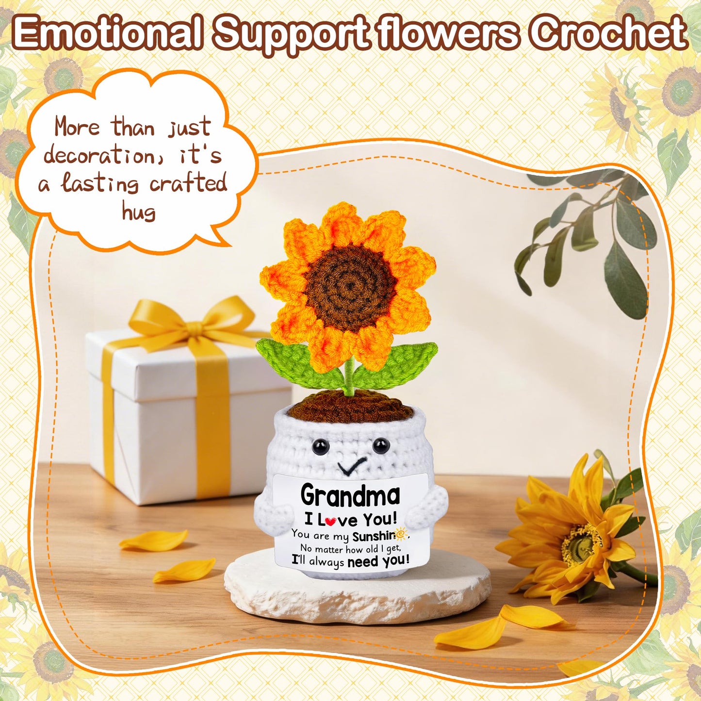 Qunland Easter Gifts for Grandma, Mothers Day Grandma Gifts from Grandkids, Handmade Crochet Mini Sunflower Pot Doll Birthday Gift for Nana Grandmother GaGa, Mother's Day I Love You for Gigi