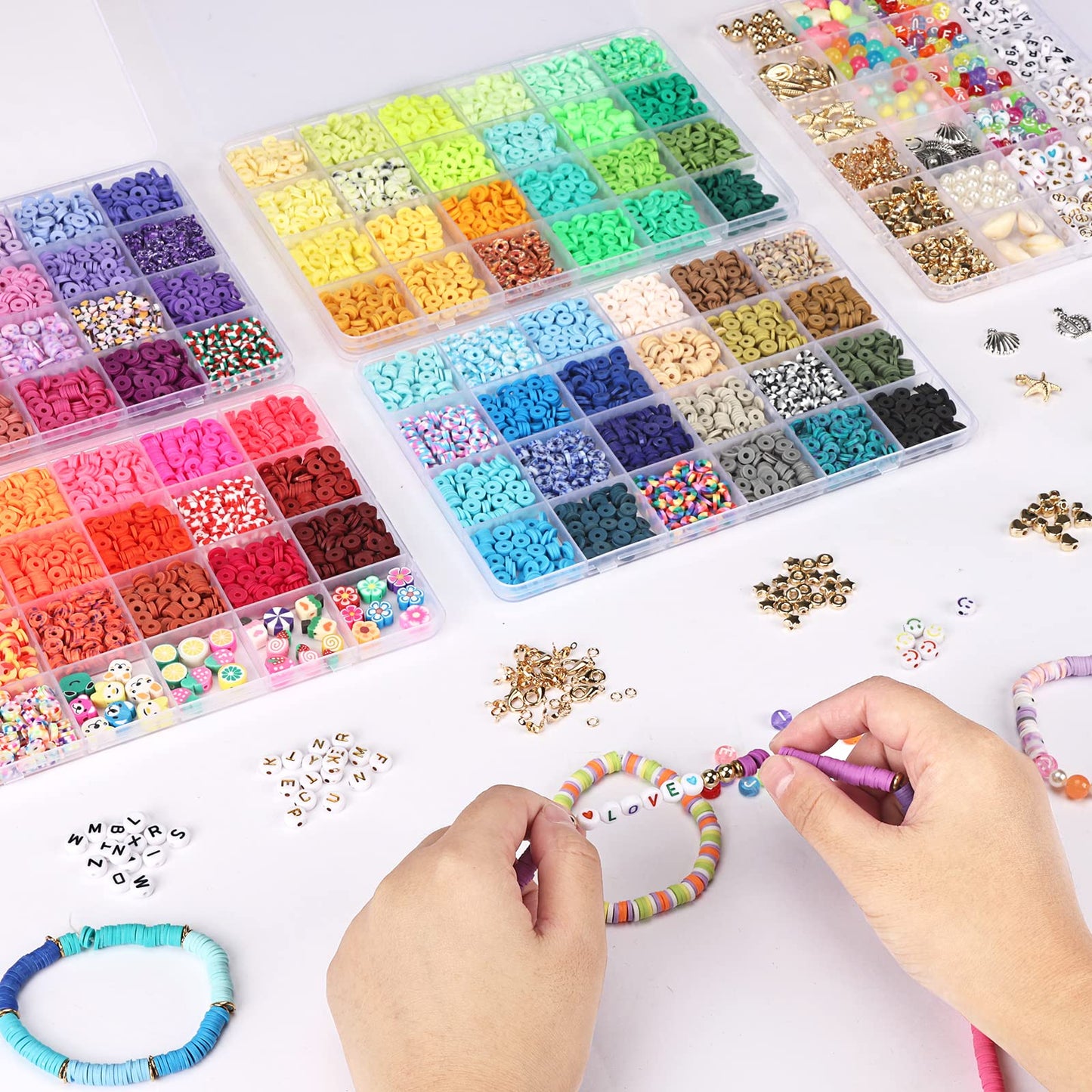 QUEFE 9870pcs, Clay Beads for Bracelet Making Kit, 92 Colors Flat Heishi Beads for DIY Crafts Necklace Jewelry Making Gifts