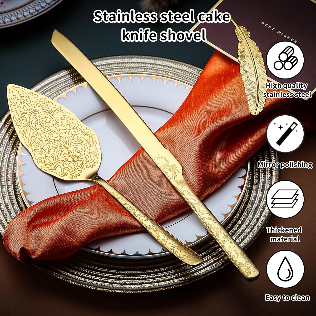 Berglander Gold Wedding Cake Knife and Server Set, Titanium Gold Plating With Unique Pattern Design Cake Cutter Serving Set Perfect For Wedding, Birthday, Parties and Events Dishwasher Safe