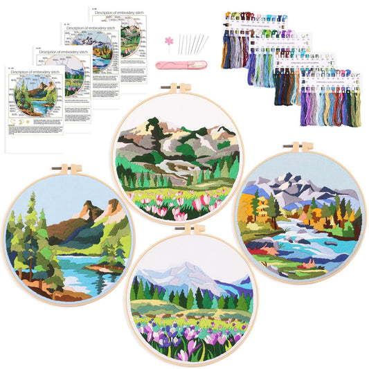 4P Beginner Embroidery Kit,Floral Plant Pattern,Cross Stitch Kits, Including Stamped Embroidery Cloth with 2 Embroidery Hoops, Color Threads and Embroidery Kits