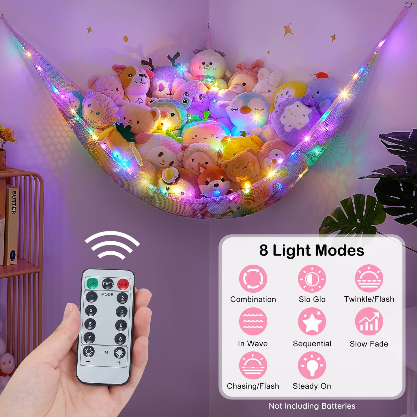 Stuffed Animal Net Hammock Kids Toy Storage with LED Light Plush Toy Organizer Corner Hanging Stuffed Animal Holder For Nursery Kids Girls Room Decor