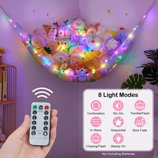 Stuffed Animal Net Hammock Kids Toy Storage with LED Light Plush Toy Organizer Corner Hanging Stuffed Animal Holder For Nursery Kids Girls Room Decor