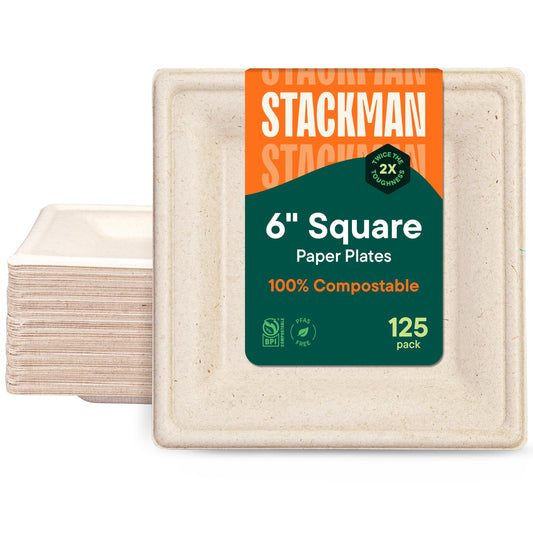 100% Compostable Square Paper Plates [50-Pack] - {PFAS-Free} - {BPI Certified} - [6 Inch] Heavy Duty, Eco-Friendly, Biodegradable Bagasse Dinner Plates - Natural Brown 6" Plate by Stack Man