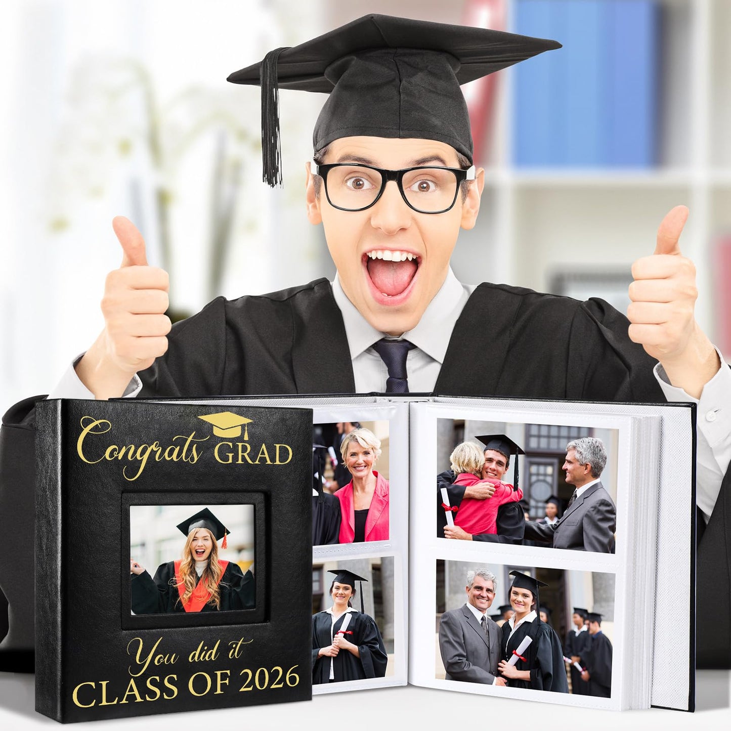 ReliThick Graduation Photo Album Holds 200 Pcs 4 x 6 Inch Photo 2026 Graduation Leather Album with Front Window Memory Scrapbook for College Graduate Gift (Delicate)
