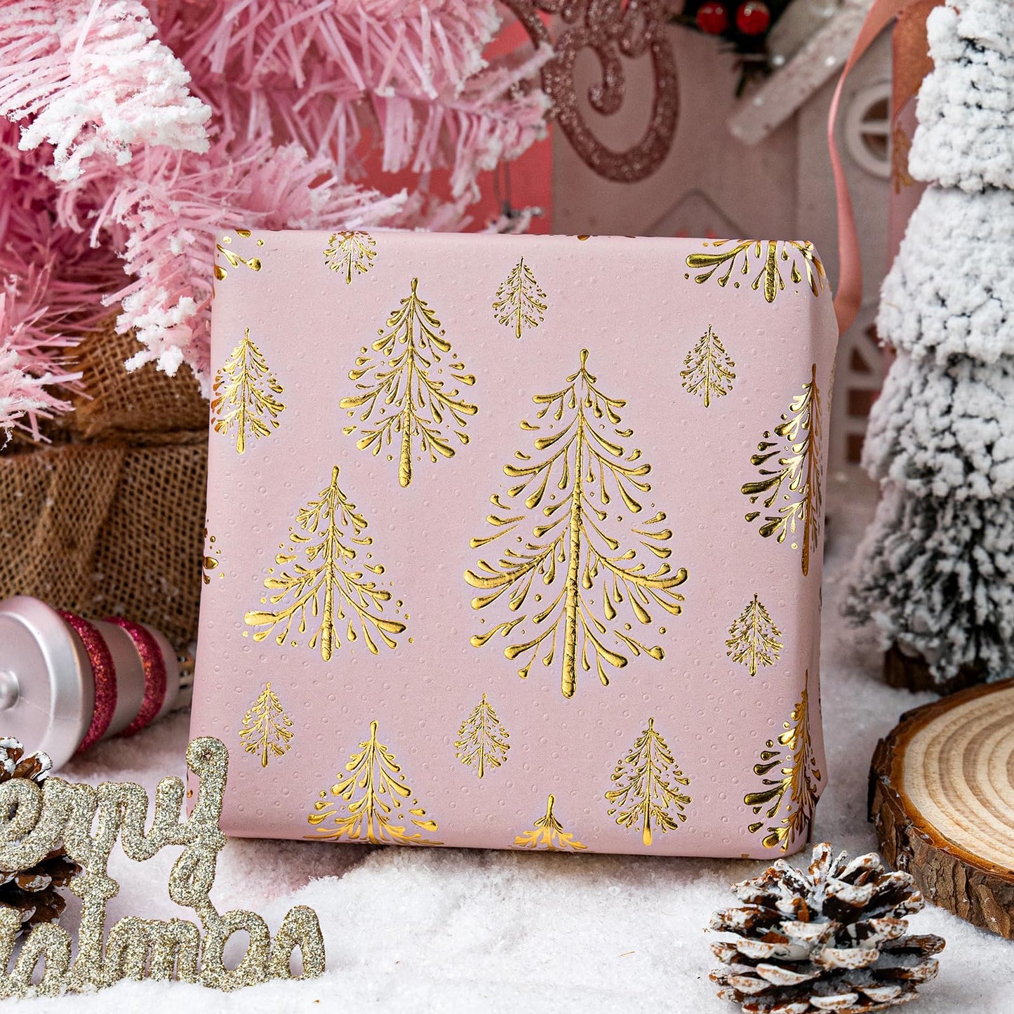 Kraft Christmas Wrapping Paper-Pink 3D Embossed Gold Foil Christmas Pine Tree with Woodlands for Chrsitmas, Holiday, Party,Celebration (17 Inch X 32.8 Feet)