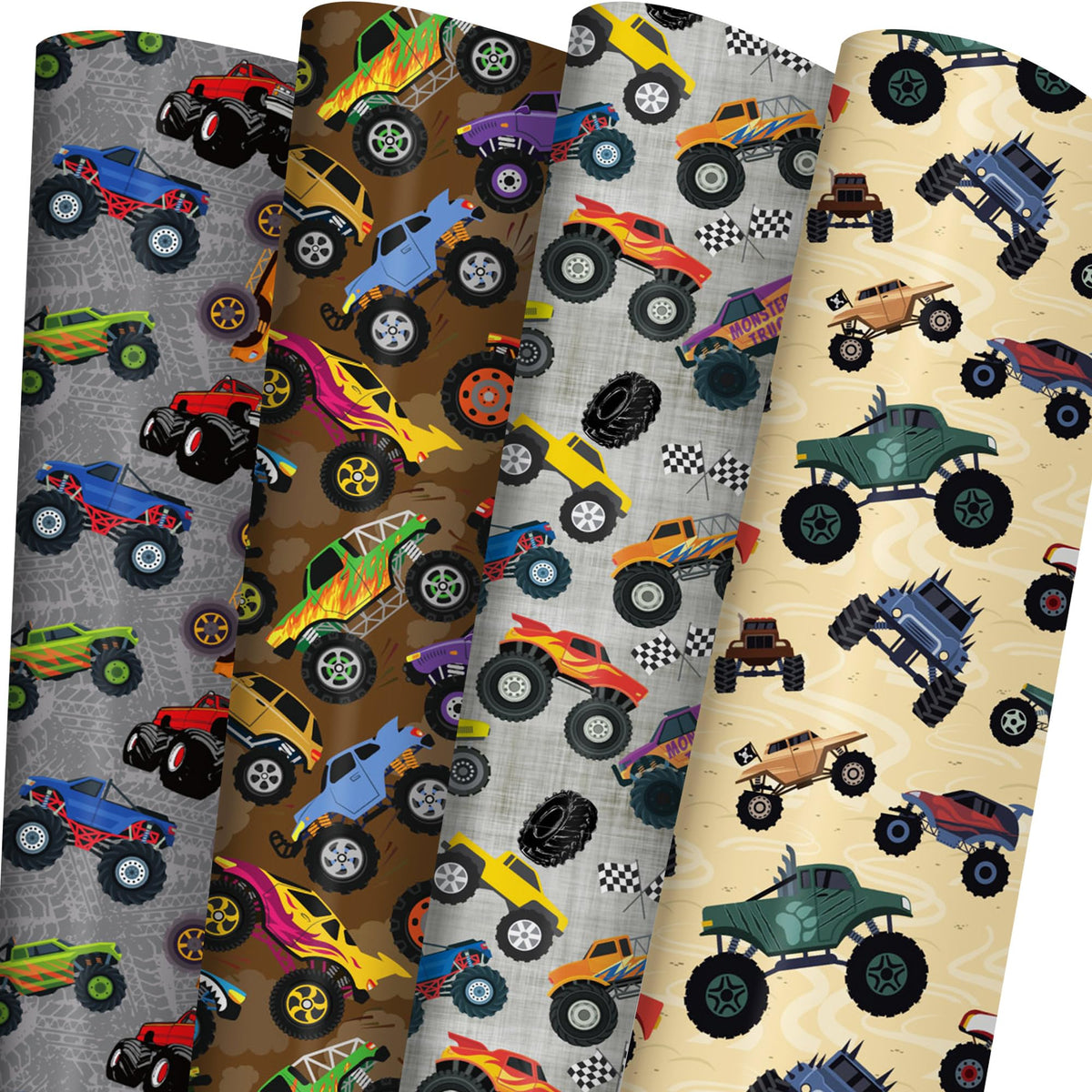 Monster Trucks Wrapping Paper for Kids Birthday Baby Shower - Gift Wrap with Monster Trucks, Checkered Flag Designs - 20 x 29 Inches, 8 Folded Sheets