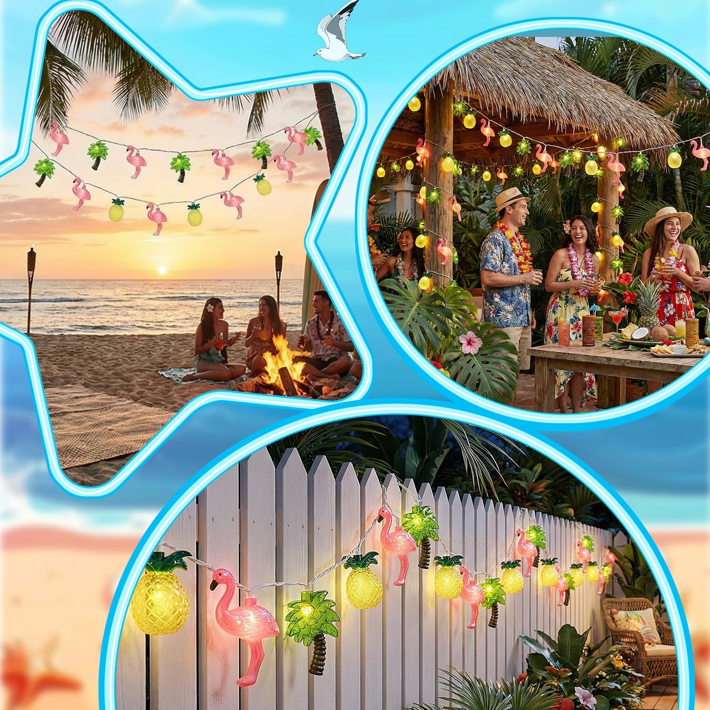 Hawaiian Party Decorations Lights - 8.5Ft LED Flamingo Pineapple Palm Tree Lights Tropical String Lights Tiki Lights Outdoor for Summer Hawaiian Themed Pool Beach Party Bar Home Room Tropical Decor