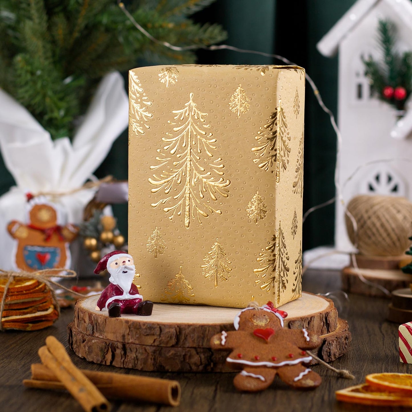 Kraft Christmas Wrapping Paper,Gold Lusury 3D Embossed Foil Christmas Trees Wrap Paper for Holiday, Party,Celebration, New Year (17 Inch X 32.8 Feet)