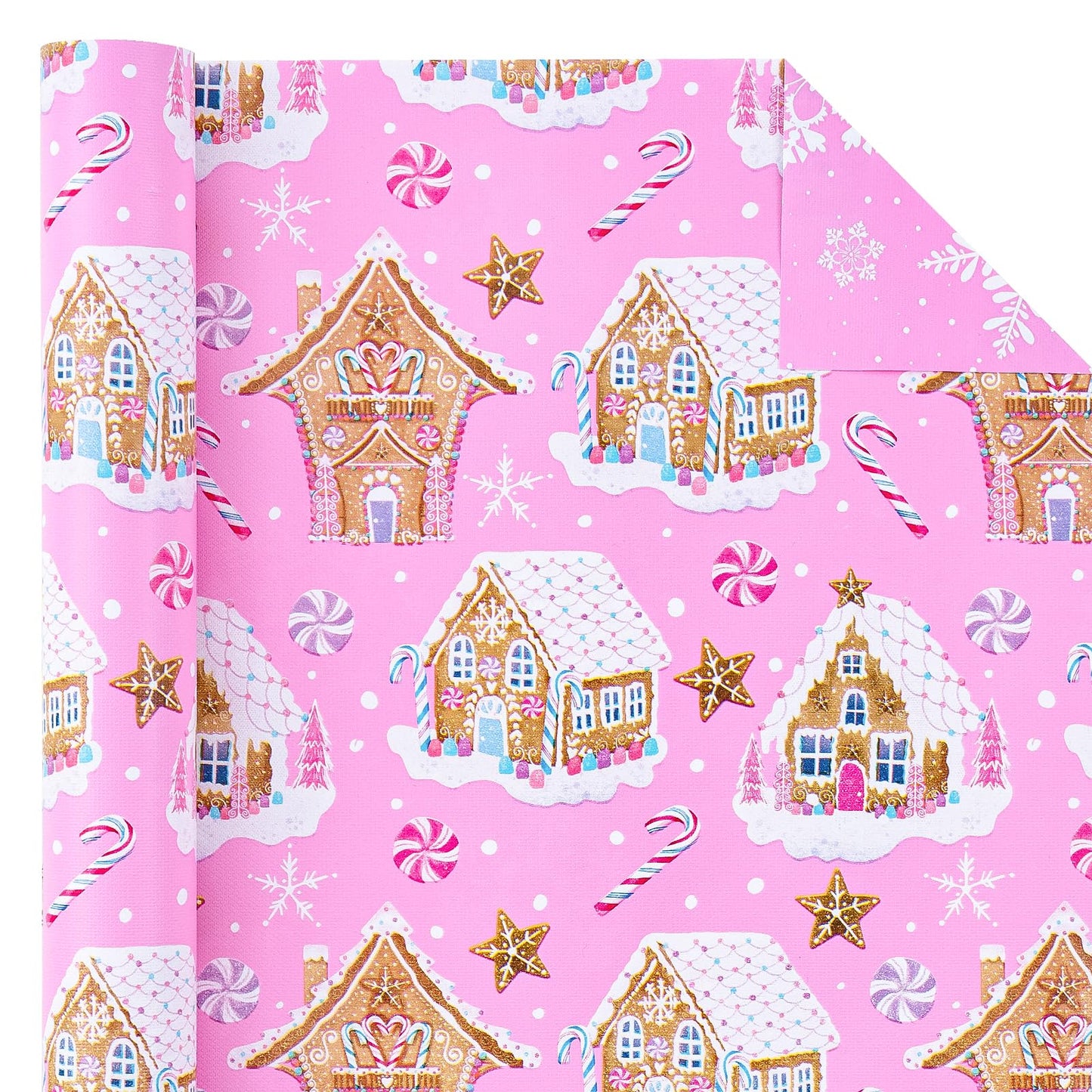 Reversible Gingerbread Christmas Wrapping Paper - Mini Roll - 17 Inch x 33 Feet - Pink Gingerbread House and Snowflake with Embossed for Christmas, Holiday, Party Celebration