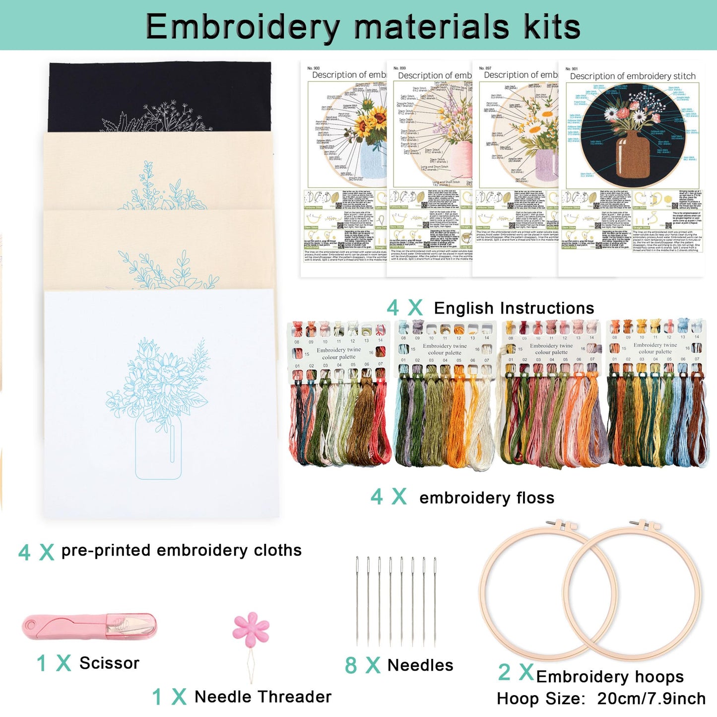4 pcs of Embroidery Starter kit with Patterns and Instructions, DIY Adult Beginner Cross Stitch Kits, Including 2 Plastic Embroidery Rings, 1 Pair of Scissors, Colored Threads and Needles