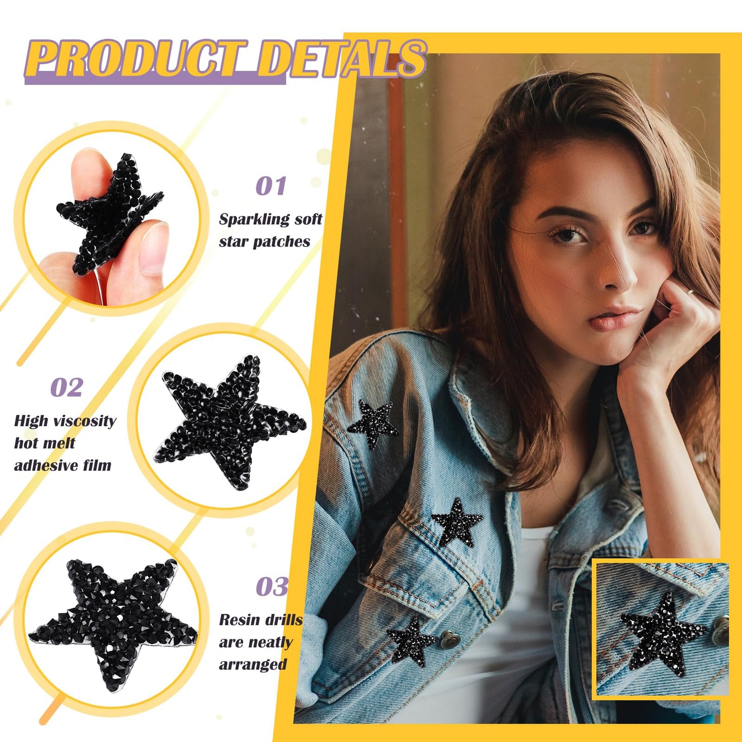 Syhood 24 Pcs Star Patches Iron on Rhinestone Adhesive Sequin Glitter Star Patches Appliques for Graduation Holiday Wedding Clothing Jeans Repair Decors(1.57 Inch,Black)