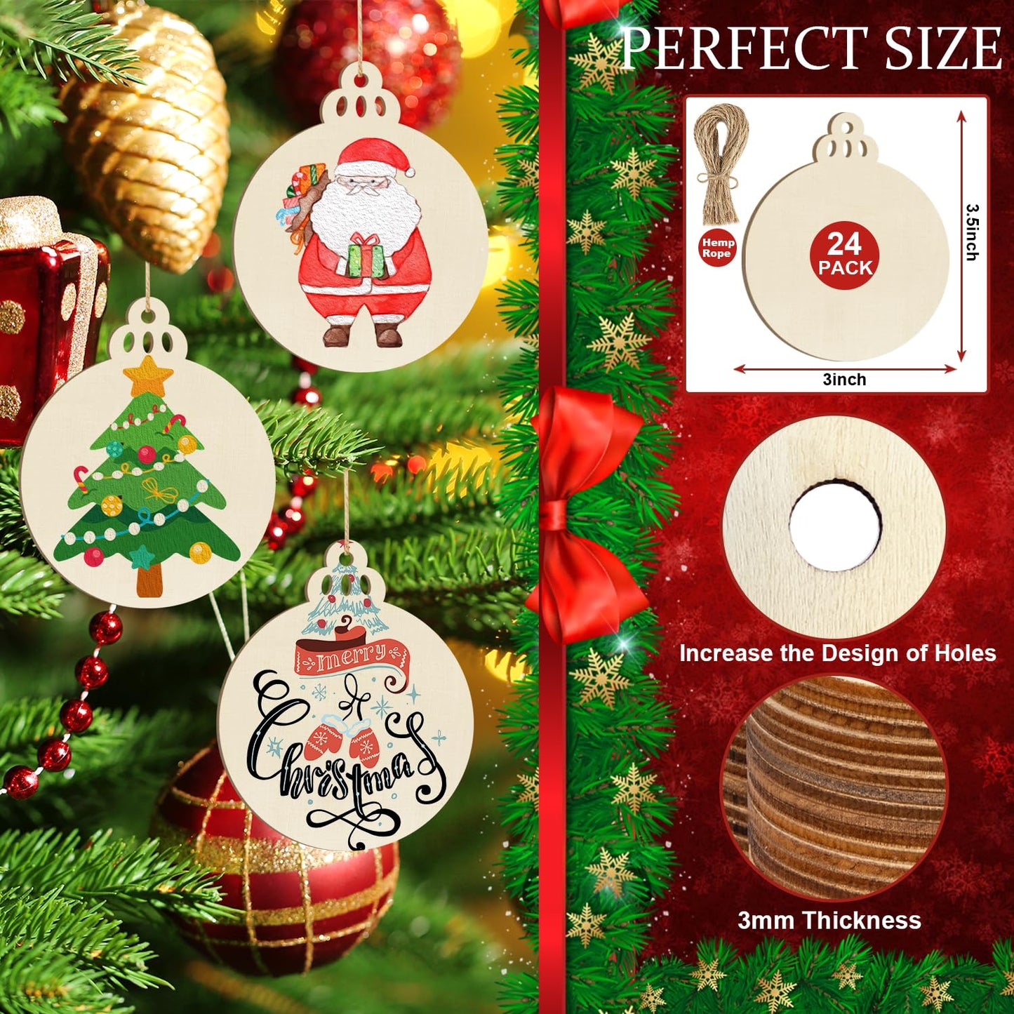Wooden Christmas Ornaments to Paint Christmas Bell Decoration Cutouts Unfinished 24PCS 3.5 x 3 inches, DIY Blank Unfinished Christmas Tree Wood Discs Ornament for Home Crafts Hanging