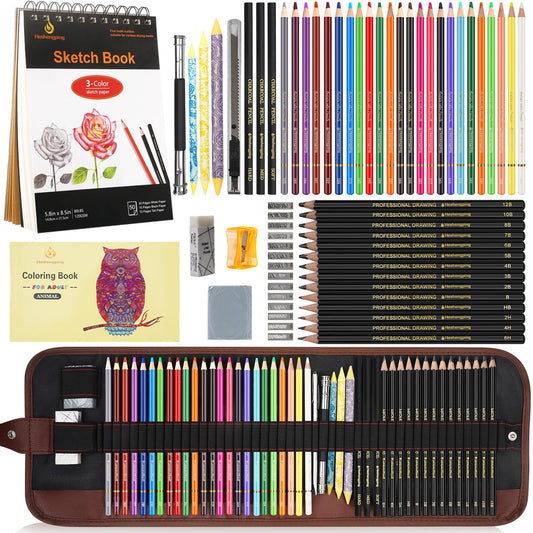 Sketch & Drawing Art Pencil Kit 52 Piece Set, 24 Color Pencil for Coloring Books, Pencil of Graphite & charcoal, 3-color Sketchbook, coloring book Etc, Art Supply Ideal for Adult Student Beginner Teen
