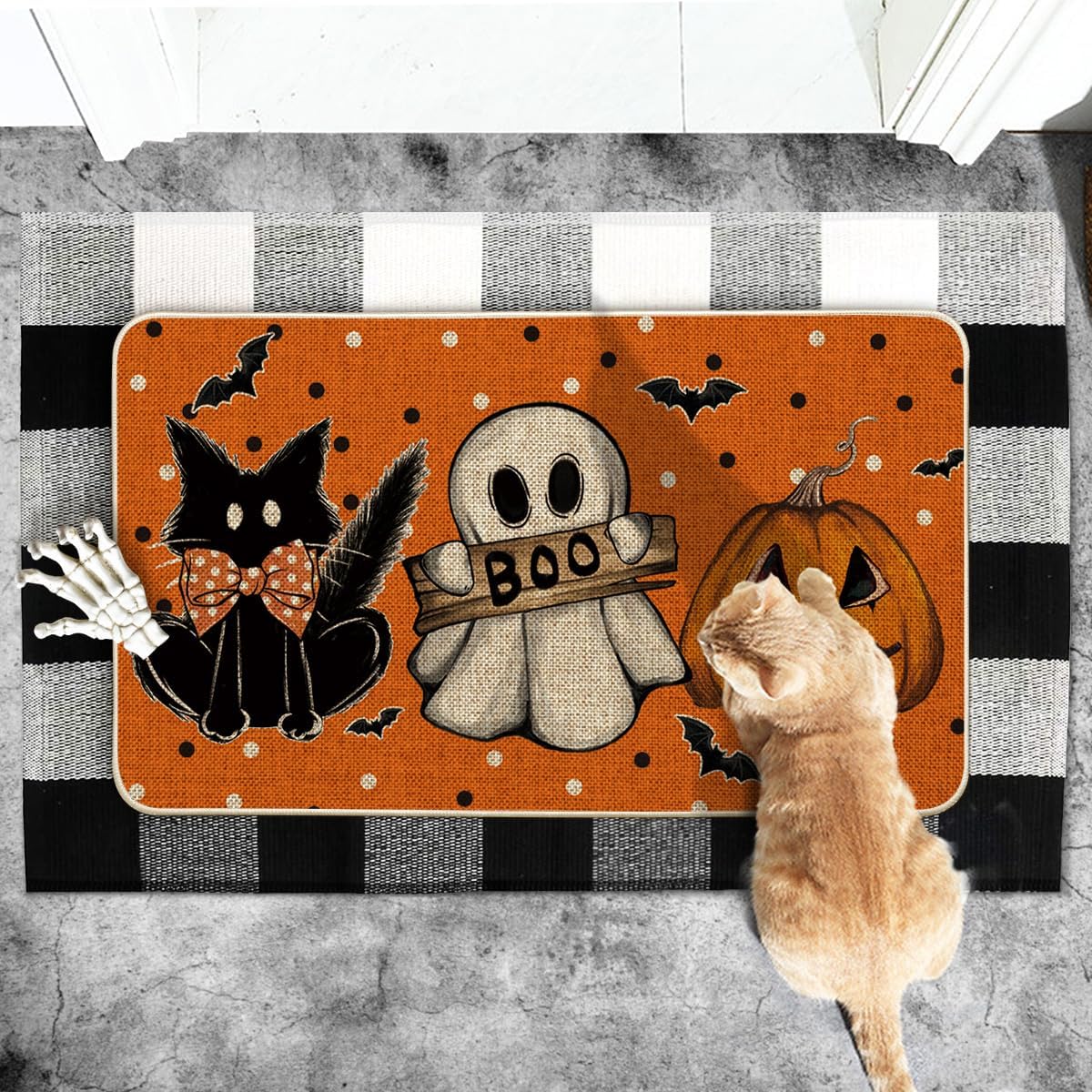 Artoid Mode Orange Cat Jack-O'-Lantern Ghost Pumpkins Halloween Doormat, Seasonal Low-Profile Floor Switch Mat for Indoor Outdoor 17x29 Inch