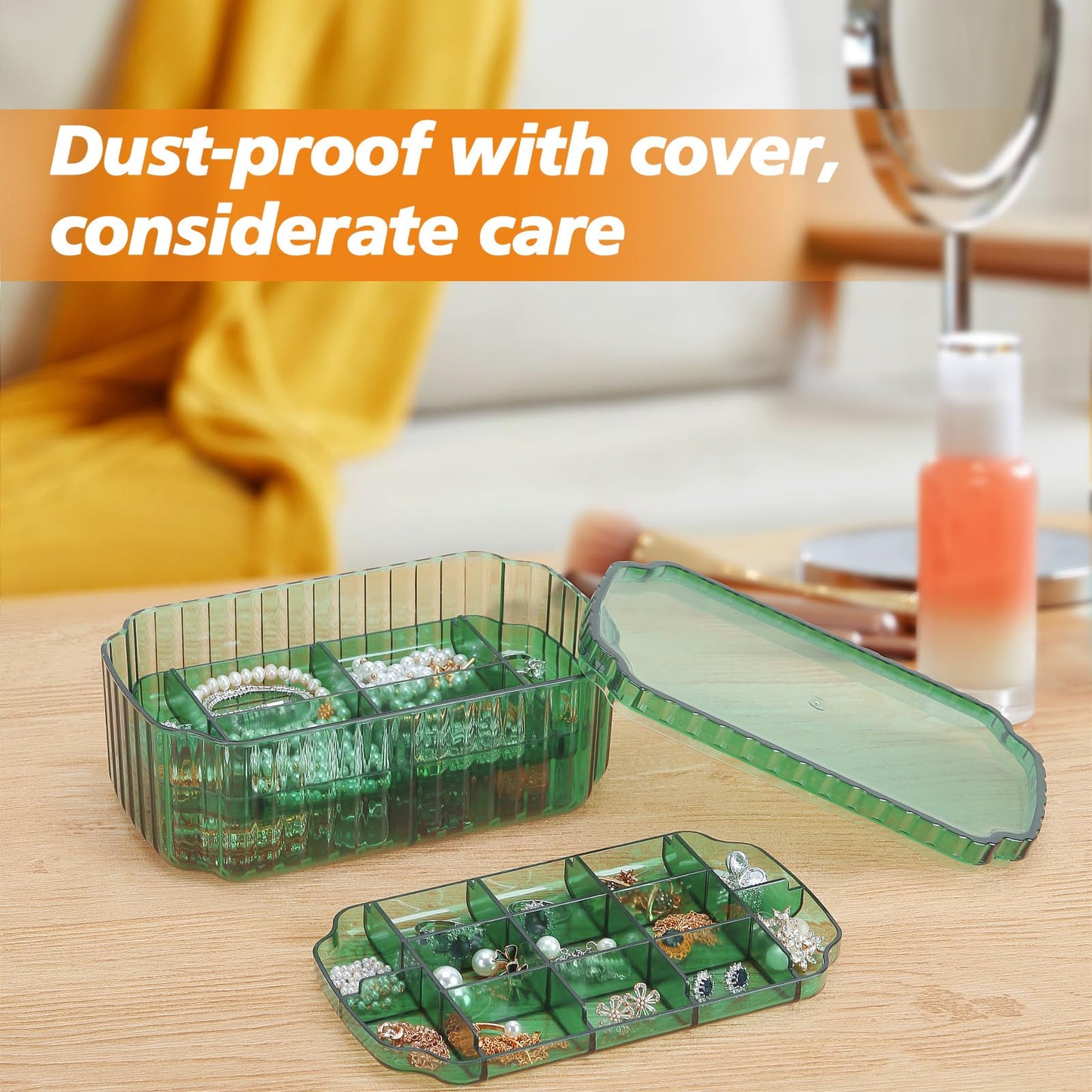 LETURE 3-Layer Jewelry Organizer Box for Earrings, Rings, Necklaces, Bracelets, Clear Plastic Bead Storage Containers for Crafts (Green)