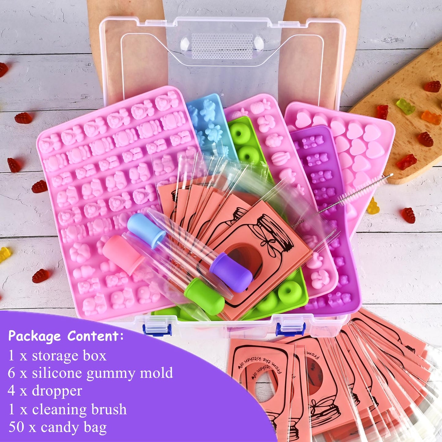 JOERSH Gummy Bear Molds Silicone 62PCS Set, Nonstick Candy Mold 18 Shapes for 327 Candies Including Dinosaur Fruit Animals Shaped, With 4 Droppers, Clean Brush, Storage Box, 50 Wrappers