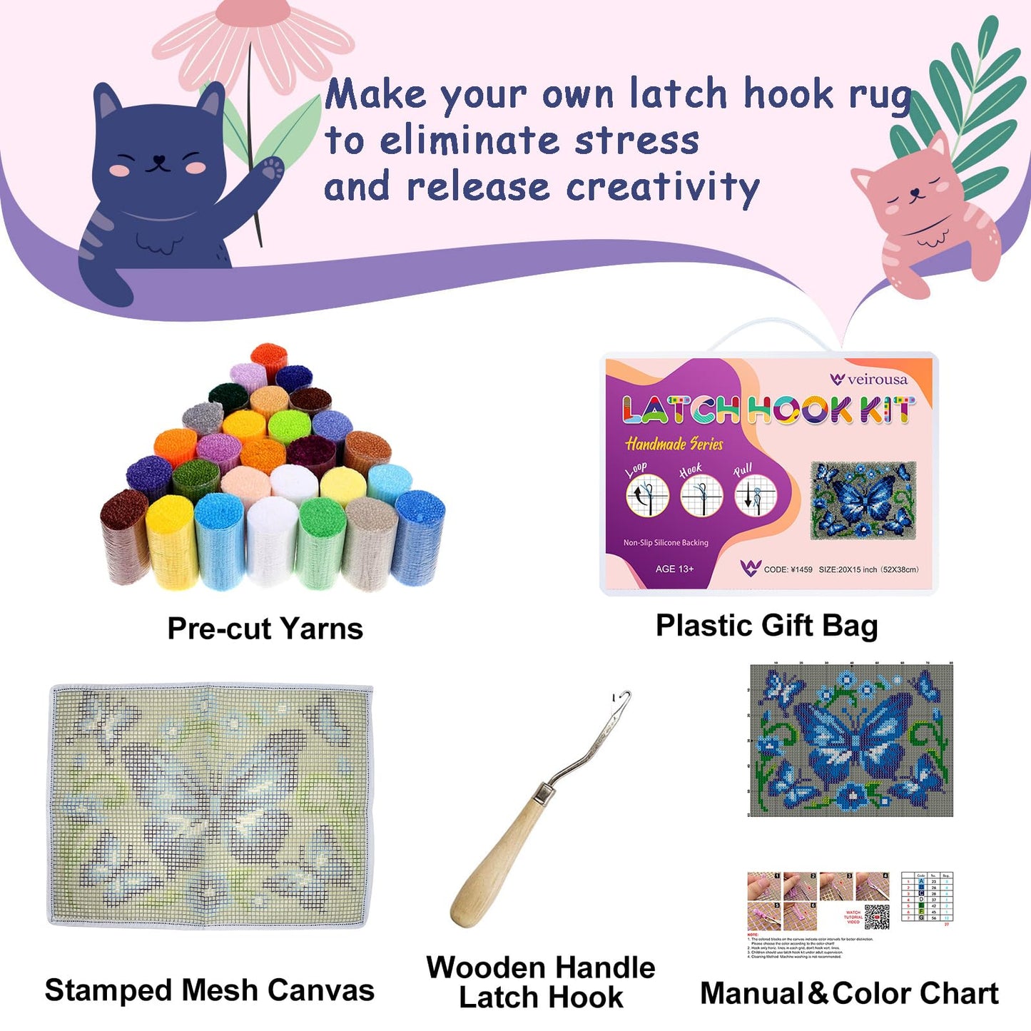 Blue Butterfly Latch Hook Kits for Adults, Beginners Insect Latch Hook Rug Starter Kit Pre-Printed Carpet Making Set DIY Handmade Wall Hanging Craft for Home Decoration 20x15 inch