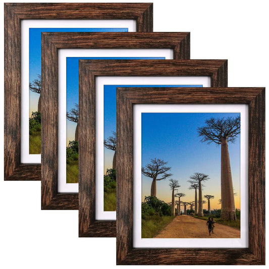 8x10 Picture Frames Rustic Brown with Mat Photo Frames 4 Packs for Tabletop or Wall