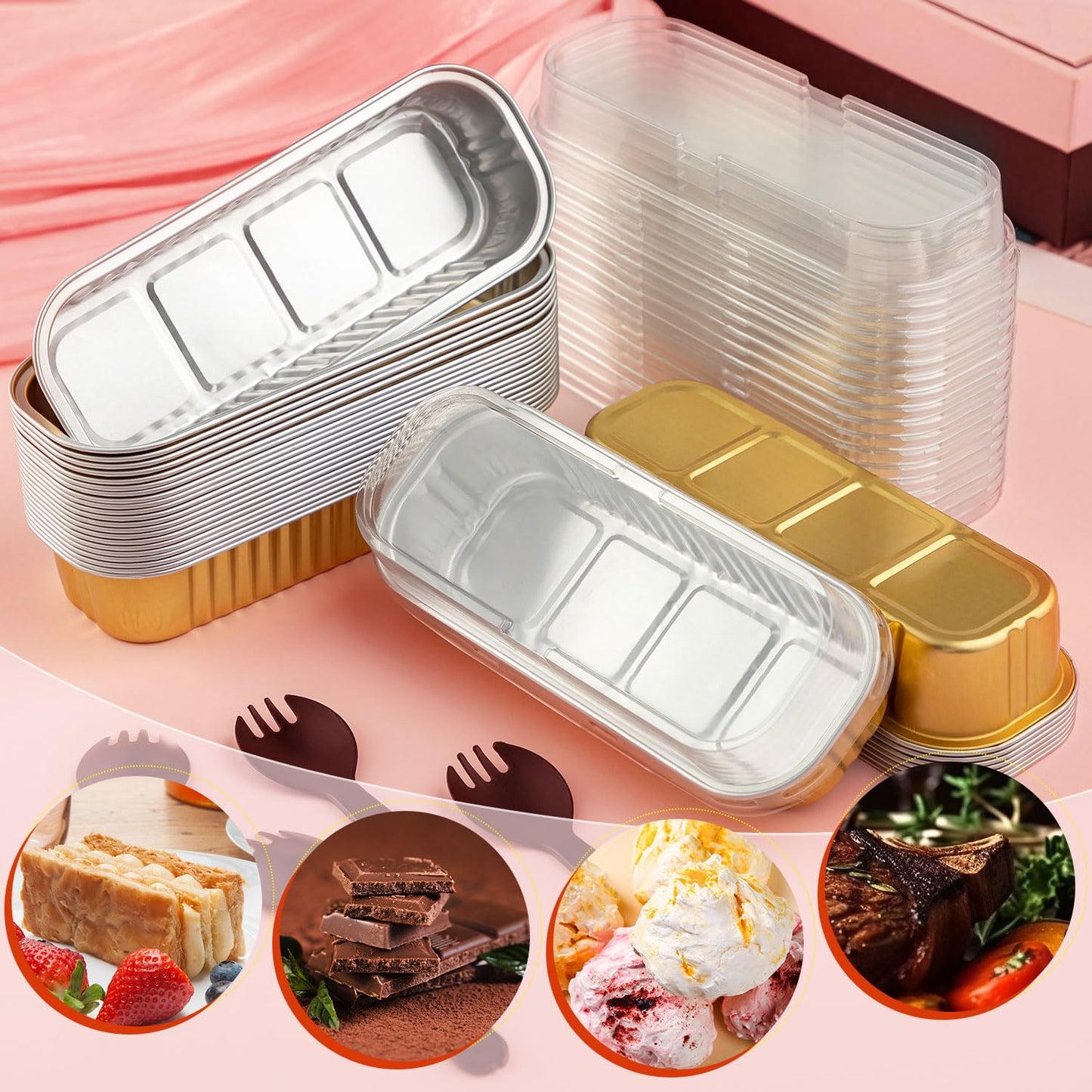 FFNIU 60Pcs Mini Loaf Pans with Lids and Spoons, Aluminum Foil Baking Pans, Rectangle Mini Cake Pan, Brownie Baking Cups for Picnics Party (Gold)