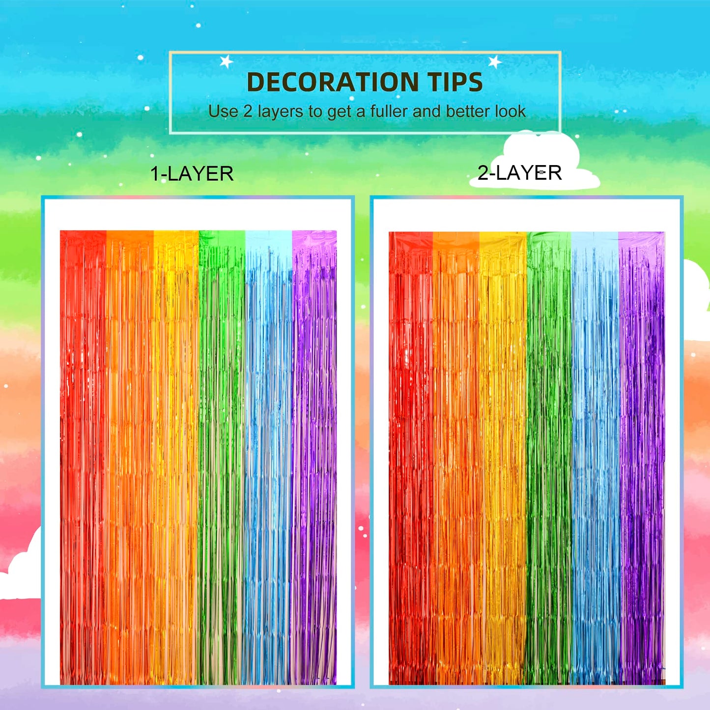 LOLStar Rainbow Foil Fringe Curtains, 2 Pack Rainbow Party Decorations 3.3x6.6ft Tinsel Metallic Streamers Holiday Photo Booth Props Backdrop for Birthday Wedding Engagement Bridal Shower Unicorn