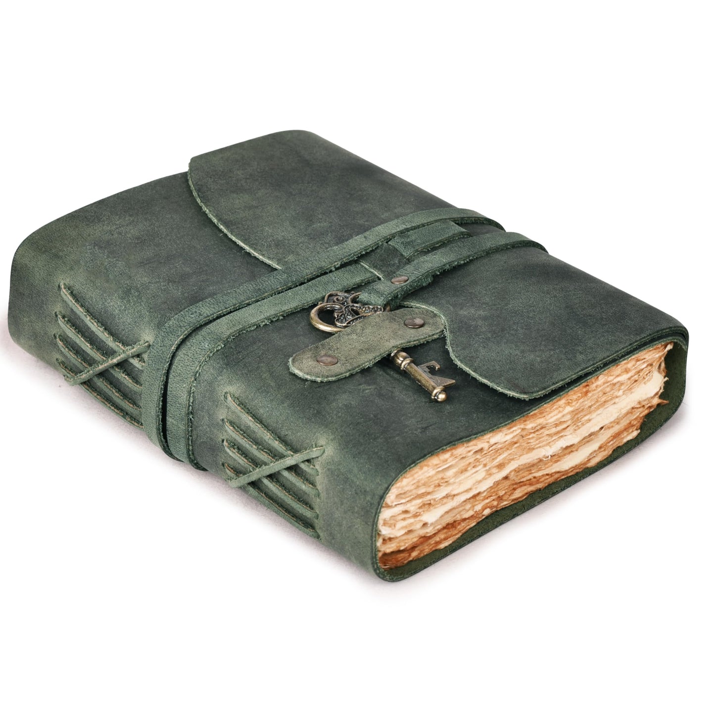 LEATHER VILLAGE Vintage Leather Journal – 200 Handmade Vintage Deckle Edge Paper – Leather bound Journal For Women Men – Vintage Key Closure - Book of Shadows - Aqua - 6X4 inches (A6)