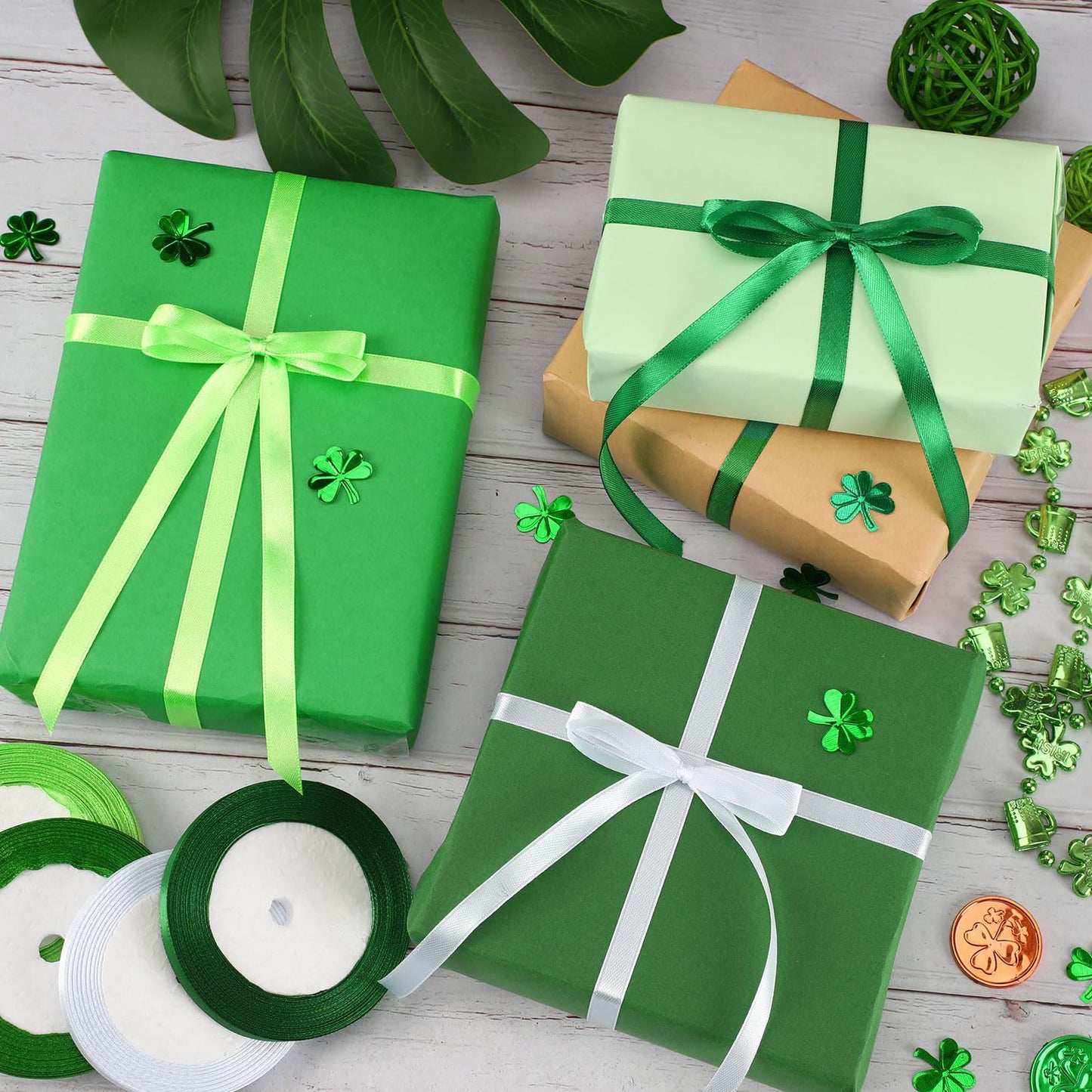 St. Patrick's Day Ribbons, 4 Rolls 100 Yards St. Patrick's Day Ribbons 10mm Wide Green Satin Ribbons for Gift Wrapping and Craft Decoration, White & Green
